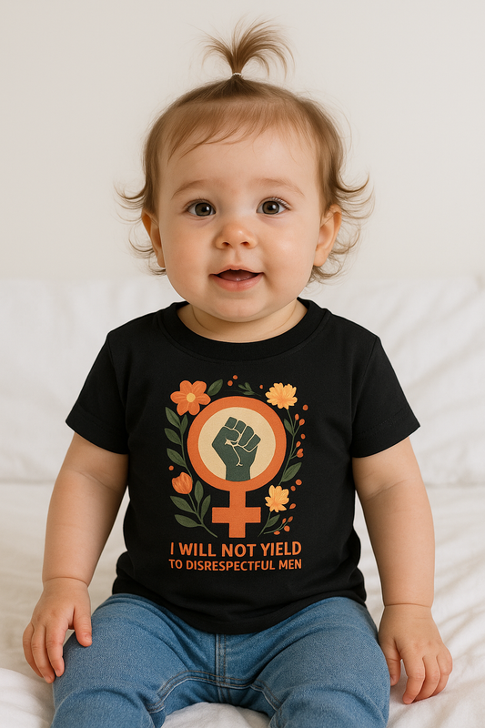 Tiny but Mighty” Feminist Baby Tee – I Will Not Yield to Disrespectful Men
